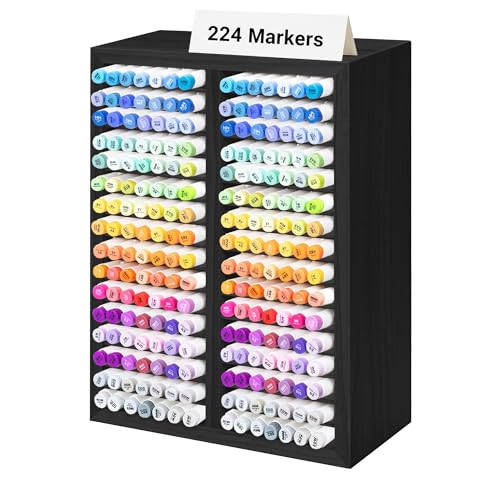 PROLEE Marker Organizer for 224 Markers, Wooden Alcohol Marker Holder with 32 Compartments, Horizontal Art Pen and Pencil Storage Rack for Desk, Classroom and Studio, Black - color: Black, size: 224 Markers,15“x11”x5.2“