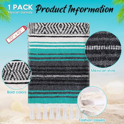 Oudain Mexican Blanket Woven Authentic Falsa Throw 45 x 70 Inch – Authentic Baja Serape Saddle Blanket Outdoor for Restorative Yoga, Beach, Picnic, Couch, Car Travel(Turquoise) - color: Turquoise