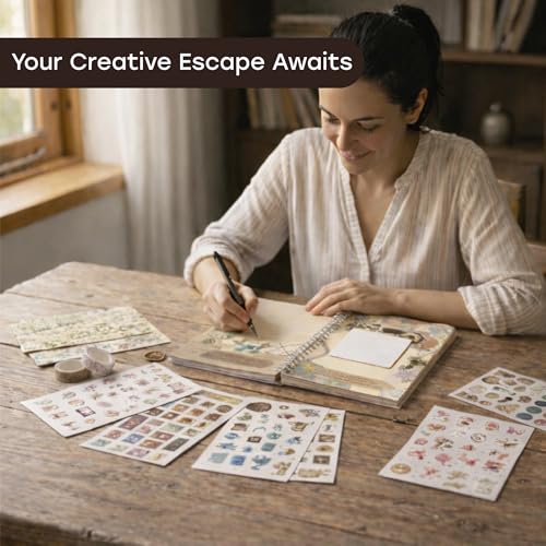 Unwynd Vintage Chapter Journal Scrapbook Starter Kit for Women Adult Teen | Junk Scrapbook Supplies - Washi Tape, Stickers, Paper, Bullet Art, DIY Journaling Scrapbooks Set - Calligraphy & Sumi Brushes