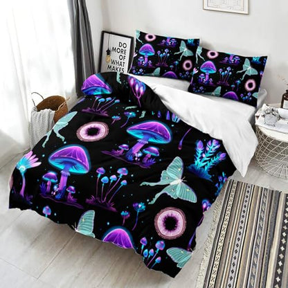 AILONEN Purple Blue Mushroom Duvet Cover Set King Size, Botanical Plant Fungus Moth Butterfly Comforter Cover Set, Soft Black Gradient Quilt Cover 3Pc Set, 1 Duvet Cover + 2 Pillowcases - color: Mushroom105, size: King