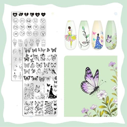 Biutee 12PCS Nail Stamping Plate Set 8PCS Stamping Nail Gel Polish | Nail Art Stamp Plates with Nail Stamper and Scraper, Butterfly Leaves Bow Design Nail Stamping Kit with Storage Bag - color: 24 Piece Set