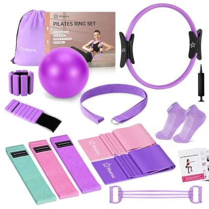 Pilates Kit Equipment, Pilates Ring and Ball for Women Home Workout | Pilates Set with 14'' Magic Circle, Wrist Weights, Resistance Bands, Yoga Strap, Socks, Bag, Essentials Accessories Kit - color: Purple