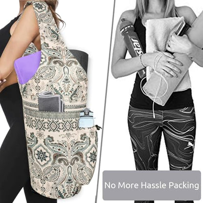 Yoga Mat Bag - Large Opening Long Tote Yoga Mat Carrier Holder Bag with Waterproof Wet Zipper Pocket and Drawstring Water Bottle Pocket - Yoga Bag Fit Most Size Mats - color: Indian Floral