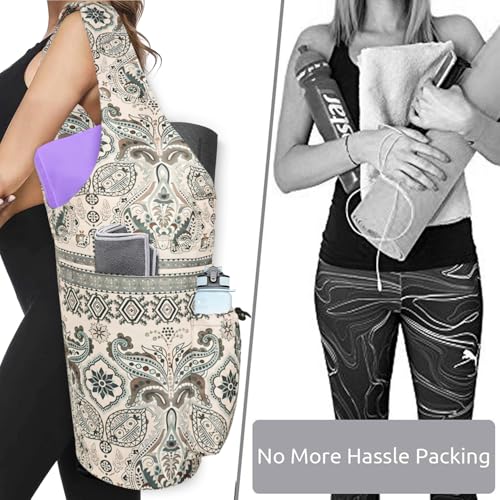 Yoga Mat Bag - Large Opening Long Tote Yoga Mat Carrier Holder Bag with Waterproof Wet Zipper Pocket and Drawstring Water Bottle Pocket - Yoga Bag Fit Most Size Mats - color: Indian Floral