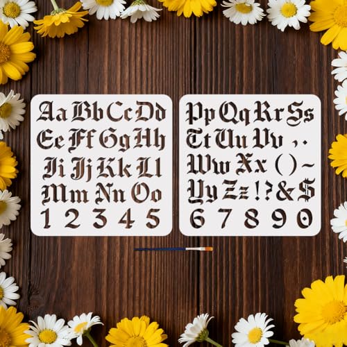 MAYJOYDIY 2 Pcs Gothic Alphabet Stencil 26 Letters Painting Stencils 11.8×11.8 Inch Reusable 0-9 Numbers Drawing Template with Paint Brush for Craft on Window Wood Wall Home Decor - style: Letter