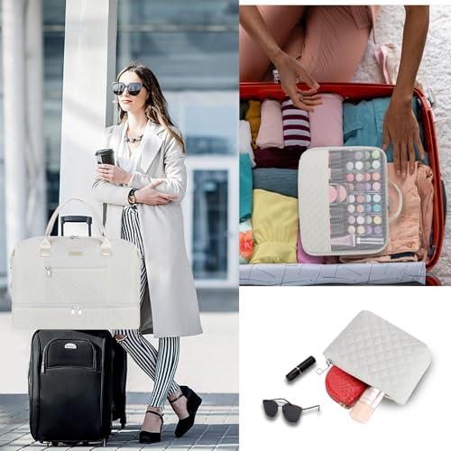 ITIEZY Weekender Bag for Women 21.5" Travel Duffel Large Carry On Bag 3PCS | Nylon Duffel Bag with Waterproof Shoe Compartment, Crossbody Bag and Toiletry Bag, Travel Weekend Hospital Overnight Gym Bag - color: 9A-Off White