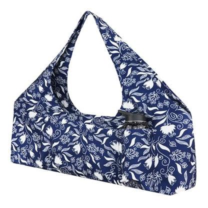 Large Yoga Mat Bag Yoga Bags and Carriers Fits All You Stuff Yoga Tote Bag with Yoga Mat Strap, Elastic Pockets and Zipper Pockets - color: dark blue white