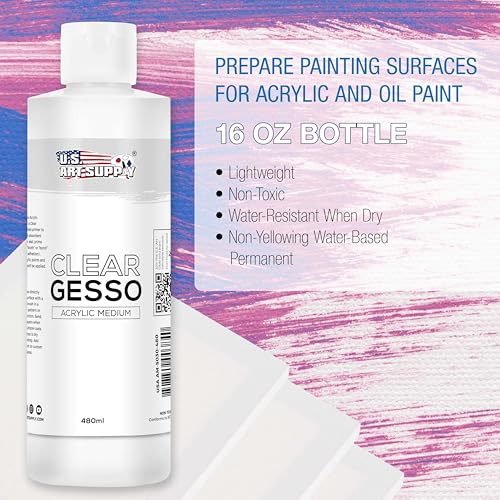 U.S. Art Supply Clear Gesso Primer (16oz) for Oil & Acrylic Painting | Enhances Blending & Canvas Paint Prep - Mixable Clear Gesso Primer for Acrylic Painting - color: Clear