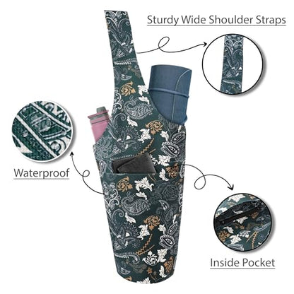 Yoga Mat Bag Yoga Tote Bag with Large Pocket and Zipper Pocket Yoga Mat Bag Carrier Fit Most Size Mats and All You Stuff - color: dark green