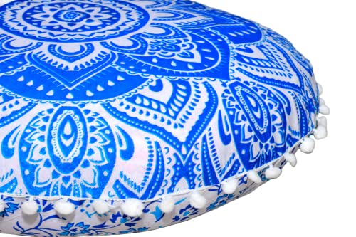 Round Mandala Floor Pillow Cover Seating Cushion Throw Cover Ottoman Pouf Cover Pom Pom Pillow Cases Hippie Decorative Bohemian Boho Indian 22 Inches (Blue White) - color: Blue White