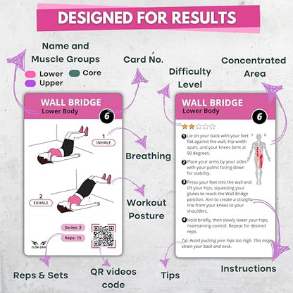 Wall Pilates Workouts for Women – 66 Exercise Cards with Videos & Workout Plan – Includes 5-Week Challenge, E-book, Chart & 2 Rings for Easy Organization – Home Pilates Workout Guide
