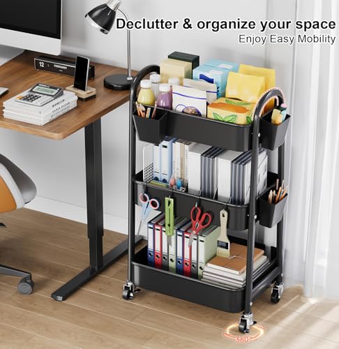 3 Tier Black Rolling Cart with Wheels, Metal Three Tiered Utility Roller Shelf on Wheels, Storage Carts Organizer for Craft, Art Supply, Snack, Laundry, Bathroom, Baby Essentials, Diaper Caddy,Nursery - color: Black