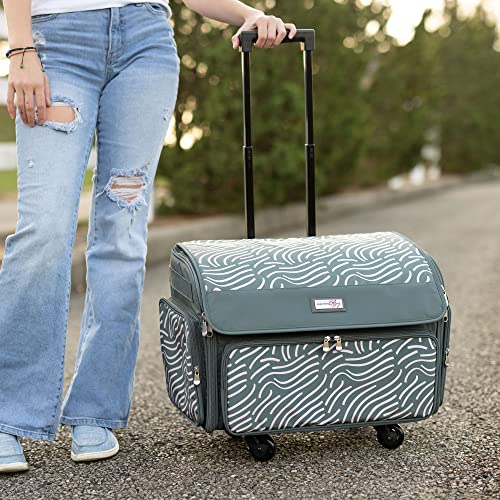 Everything Mary 4 Wheels Collapsible Deluxe Sewing Machine Storage Case - Rolling Trolley Carrying Bag for Brother, Singer - color: Grey & Pink