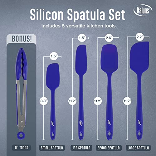 Kaluns Silicone Spatula Set, 4 Rubber Spatulas 600°F Heat Resistant, Nonstick Seamless Design with Stainless Steel Core, Dishwasher Safe, BPA free, Bonus Tongs Included - color: 4 Pcs + Tongs Blue