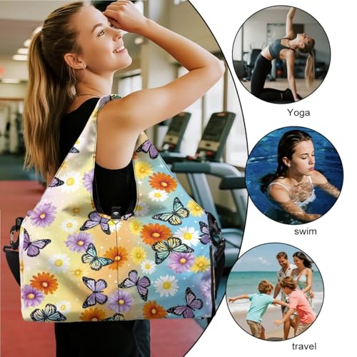 Yoga Gym Bag with Removable Adjustable Shoulder Strap, Shoe Compartment & Top Yoga Mat Holder 17.72x8.66x9.84in - color: Butterfly Daisy Gradient Print