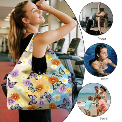 Yoga Gym Bag with Removable Adjustable Shoulder Strap, Shoe Compartment & Top Yoga Mat Holder 17.72x8.66x9.84in - color: Butterfly Daisy Gradient Print