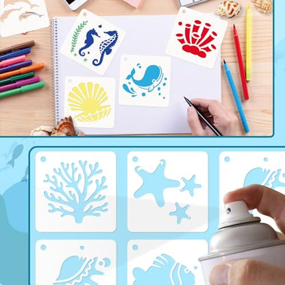 JULMELON 20 Pcs Summer Beach Stencils for Painting Ocean Sea Creatures | PET Plastic, Stencils for Rock Painting, Beach Stencils for Painting, Wood Wall Home Decor, 3 Inch Reusable Templates - style: Sea Life Stencils