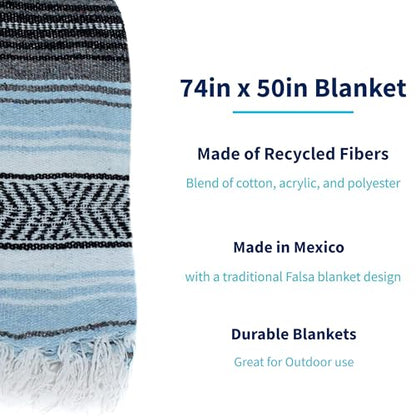 La Montana Bulk Falsa Mexican Blanket, 4 Pack, Light Blue/Charcoal/White - color: Light Blue/Charcoal/White