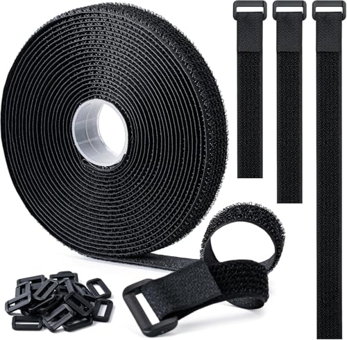 1" x16Ft Hook and Loop Straps with 25 Plastic Buckles, Adjustable Fastening Cable Straps, Free Cut Length, Reusable Nylon Cable Ties for Organizer or Storage, Black - color: Black, size: 1"×16ft Plastic Buckle