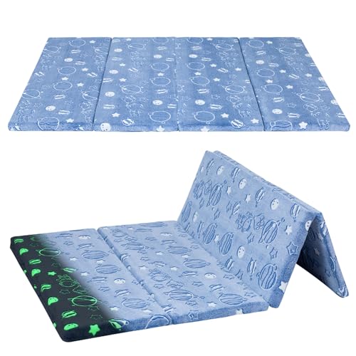 MeMoreCool Kids Floor Mattress, 48x72 Inch Foldable Play Mat, Outer Space | Outer space 4x6 ft foam tatami futon mat, foldable kids sleeping mat for playroom floor play - color: Denim Planet