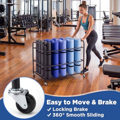 Large Yoga Mat Storage Cart Basket 39.4'' x 27.6'' x 27.6'' Home Gym Storage Rack with Wheels Metal Yoga Mat Holder Basket Foam Rollers Organizer for Gym Studio Hold 20 Exercise Mats