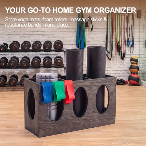 Sintuff Vintage Wood Yoga Mat Holder Storage Organizer Floor Standing Foam Roller Holder Rack for Home Yoga Mats Gym Sports Exercise Accessories Dumbbell Resistance Bands - color: Vintage Gray, style: 3 Slot