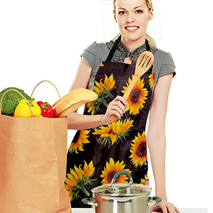 Adjustable Waterproof Apron Bib Apron with 2 Pockets Cooking Kitchen Aprons for Women Men Chef - color: Sunflowers