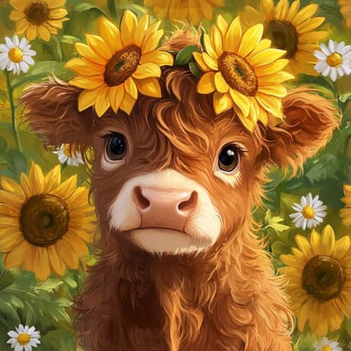 Diamond Art Kits for Adults & Beginners, Highland Cow Diamond Painting Kit | 5D Full Drill Gem Art with Sunflower, Round Diamond Dots, Home Wall Decor & Gift, 14 x 14 Inch - color: HMDPUS-25405