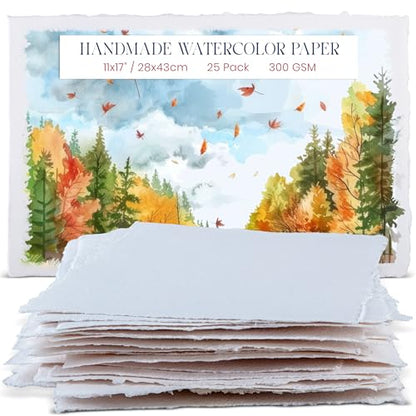 Wanderings Thick Handmade Watercolor Paper with Deckle Edge - 11" x 17" - 300GSM - Premium White Hot Press Smooth Mixed Media Paper Made with Recycled Cotton - 25 Loose Leaf Sheets - color: White, size: 11x17" (28x43cm)