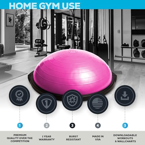Bosu Balance Ball Exercise Trainer, Home Gym Equipment w/Guided Workouts & Pump, 26" Inflatable Fitness Platform for Strength Training, Standing, Balancing, and Core Workout - color: Pink
