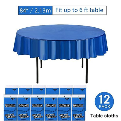 Eleclassi Royal Blue 12 Pack Premium Round Disposable Tablecloth - 84 Inch Round Plastic Table Cloths for Parties - color: Royal Blue, size: 12 Pack Round