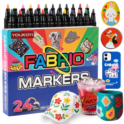 YOUKOYI Fabric Markers, 24Colors Acrylic Paint Pens, Fabric Decorating Kits No Bleed Waterproof Quick Dry Fabric Paint Pens for Fabric DIY, Crafts, Wood, Ceramic, Sneakers, Bags, Shoes, Textile - color: 24 Colors