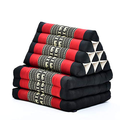 Leewadee - Comfortable Japanese Floor Mattress - Thai Floor Bed with Triangle Cushion - Futon Mattress - Thai Massage Mat, 67 x 21 inches, Black Red, Kapok Filling | Floor & lounge cushion for relaxing, reading & TV - for meditation & yoga, firm & stable