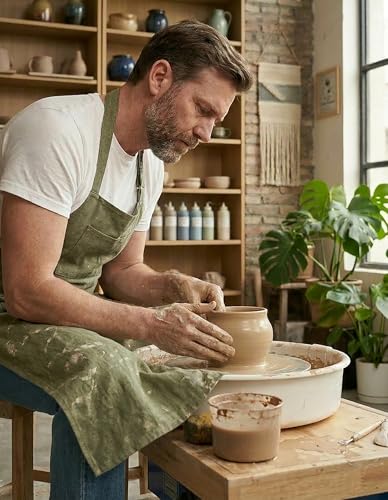 Pottery Apron Split Leg,100% Cotton Artist Apron 3 Pockets for Women Men,Ceramics Clay - color: Green, size: 43" long