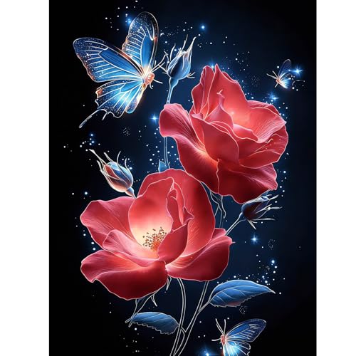 DIYDECORFUN 5D Red Rose Diamond Art Kit for Adult and Beginners 12x16inch | Full Drill Round Rhinestone Floral Butterfly Gem Art on Canvas. DIY Diamond Dots Creative Wall Decor for Home - color: QD146