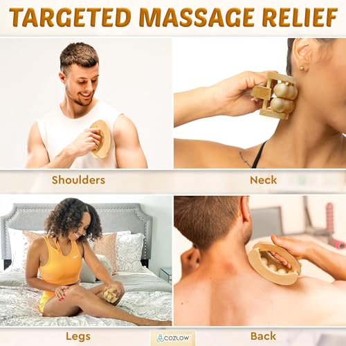 Wooden Massage Ball Roller - Supports Lymphatic Drainage and Pain Relief | Cozlow - wood massager w/ 10 rolling balls & easy grip - whole body muscles relaxation - may help reduce cellulite appearance - color: Wood