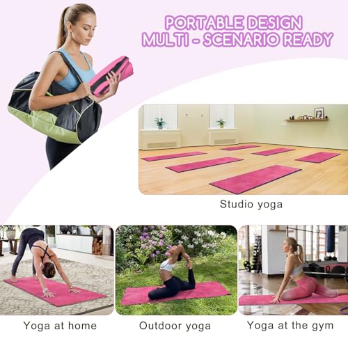 Yoga Mat Towel, Extra Thick (600GSM) Soft Hot Yoga Towel, Non-Slip and Sweat Absorbent for Hot Yoga, Bikram, Pilates, and Fitness, 72" x 27.5", Dual-Color, Grey/Pink - color: Dark Pink