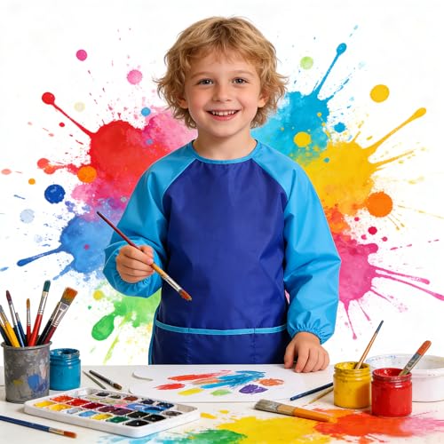 2 Pack Kids Art Smock Waterproof with Long Sleeve and 3 Roomy Pockets Artist Children Aprons for Toddlers Age 3-8 Painting Crafts（Blue） - color: 2 Pack Blue