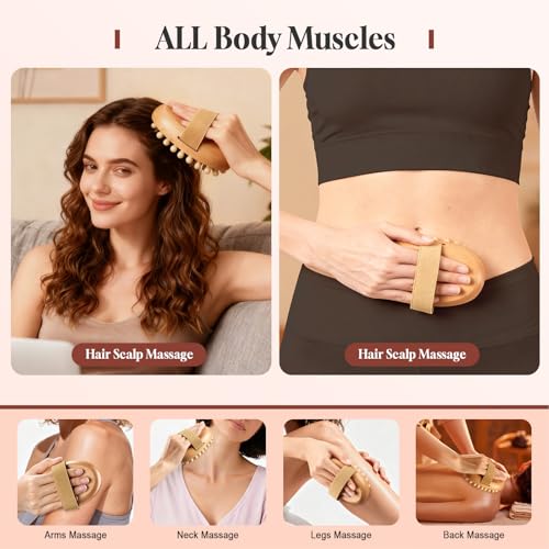 2 Pcs Meridian Brush, Wood Therapy Massage Tools with Essential Oil | Handheld Natural Meridian Massage Brush for Belly Fat Cellulite Massage Tool for Legs Arms Back Office Workers Stress Relieve - color: Brown