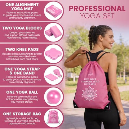 Foldable Non-Slip Yoga Mat and Blocks Set for Women, 9-Pcs Yoga Starter Kit - color: Pink