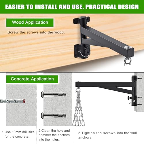 BeneLabel Heavy Bag Hanger for Punching Bag Beam Mount Hardware 360° Rotation Boxing Bag Ceiling Mount I-Beam Hanger for Hanging Heavy Punching Bags Wall Hangers - color: 24" Black wall hanger with steel chain