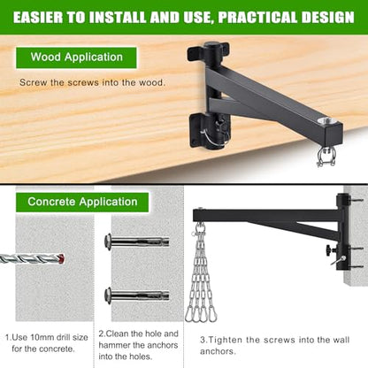 BeneLabel Heavy Bag Hanger for Punching Bag Beam Mount Hardware 360° Rotation Boxing Bag Ceiling Mount I-Beam Hanger for Hanging Heavy Punching Bags Wall Hangers - color: 24" Black wall hanger with steel chain