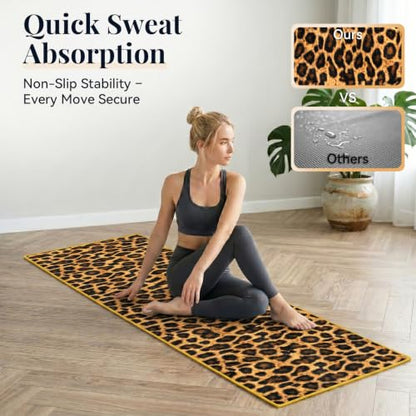 72 x 27 In Leopard Print Non Slip Hot Yoga Mat Towel with Pouch (Yellow) | Moisture-Wicking Quick-Dry Hot Yoga Towel, Washable, Compact Take-Anywhere Towel, for Yoga, Gym, Indoor, Outdoor
