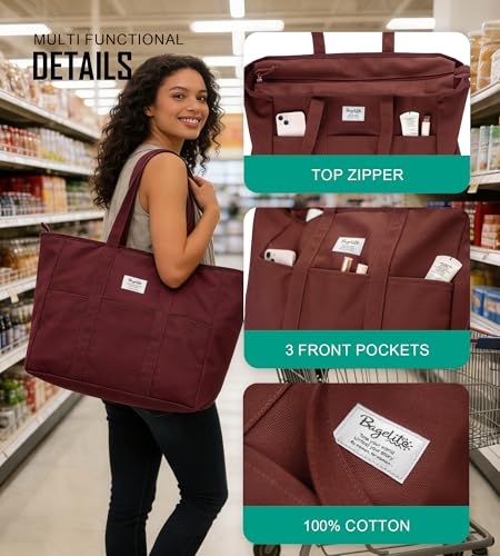 Bagelite Extra Large Canvas Tote for Women Men, Utility Work Bag with Zipper - color: Wine Red