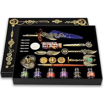 NC Quill & Feather Calligraphy Pen Set, Wax Seal Stamp - Valentine's & Birthday Gift, Ideal for Various Holidays (Blue) - color: Blue