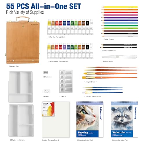 Mixed Media Art Set with Art Easel, Complete Art Supplies Kit | 55pc All-in-one Art Painting Kit, Tabletop Easel for Painting, Assorted Painting Supplies, Giftable Art Kit for Adults, Kids