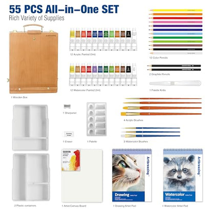 Mixed Media Art Set with Art Easel, Complete Art Supplies Kit | 55pc All-in-one Art Painting Kit, Tabletop Easel for Painting, Assorted Painting Supplies, Giftable Art Kit for Adults, Kids