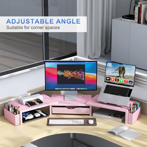 gianotter Dual Monitor Stand Riser With Drawer and 2 Pen Holders - color: Pink