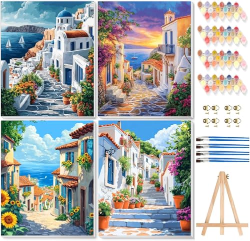 TCDZMYGS 4 Pack Paint by Numbers Kit for Adults Beginner,Cityscape Paint by Number Kits with Frame,DIY Acrylic Oil Painting by Numbers for Home Wall Decor 9.5 x 12 inch - color: 4 pack paint by number-1015-1
