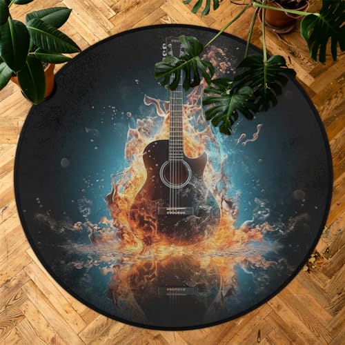 Electric Guitar Music Round Area Rug 3Ft Fire Guitar Circle Floor Mat - color: Guitar, size: 3 ft